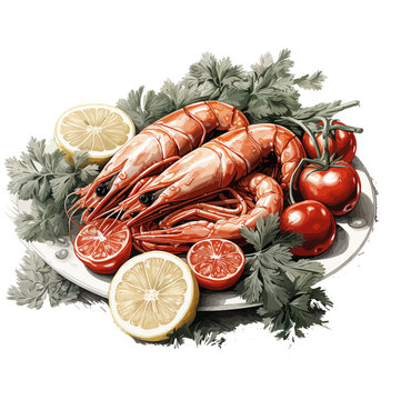 recommend clip art: Watercolor vector of shrimp on a plate , isolated on a white background, design art, drawing clipart, Illustration painting, Graphic logo, shrimp vector 