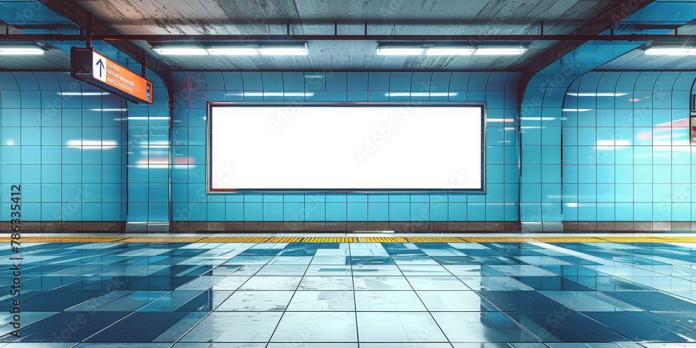 Canvas Prints a blank white poster on the wall of an empty subway station,a mockup of an empty blank billboard on 