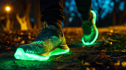 Reflective running shoes in a park at twilight. Suitable for sports apparel marketing, fitness...