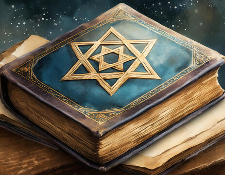 Abstract illustration of the holy book Torah, Hebrew Bible, Pentateuch on a wooden table across the universe with stars and milky way