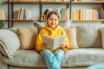 Obraz premium Happy kid sits on couch at home and reads book with enjoy and interest. Back to school, education, learning, reading, lifestyle concept