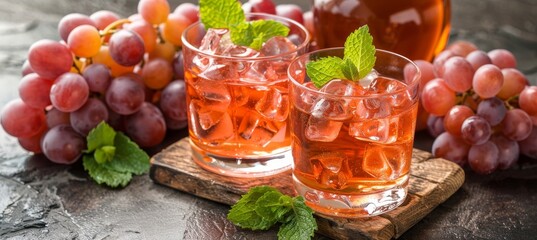 Refreshing grape juice in glass with mint leaves on blurred background, copy space available