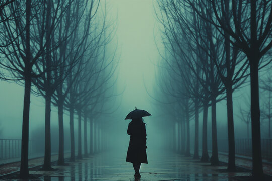 Feelings of depression, sadness, loneliness, melancholy. Blue Monday. Surreal word, nature, rows of leafless trees and lonely alone woman in the center