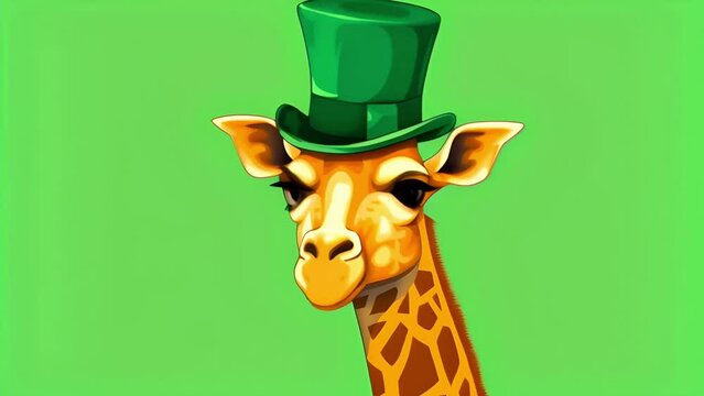 Giraffe in a green hat and top hat on a solid background St. Patrick's Day