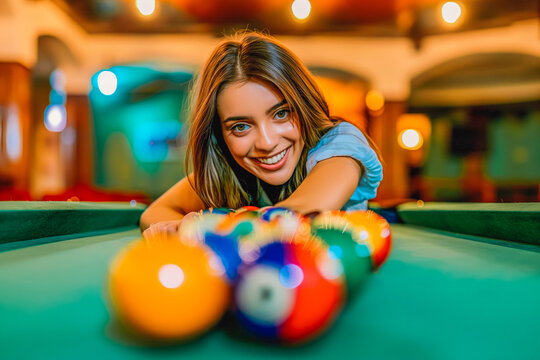 Happy business woman playing a game of billiards and preparing to break pyramid of balls on the pool table. - Powered by Adobe