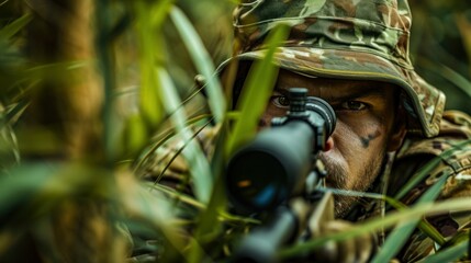 Elite unit, special forces soldier in camouflage uniform holding assault rifle and aiming with optical sight