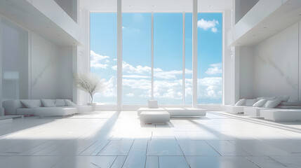 Building with many windows overlooking ocean, wooden flooring, glass facade - obrazy, fototapety, plakaty