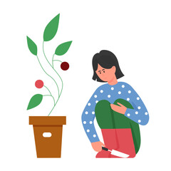 Gardener girl with potted plant. Planting flowers, farming hobby flat vector illustration