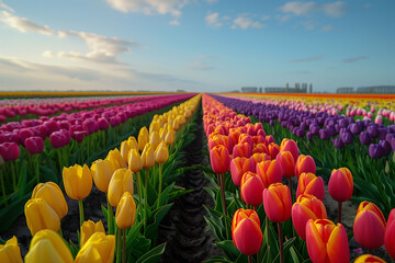 Blooming tulip fields in the Netherlands for Springtime, illustration - obrazy, fototapety, plakaty
