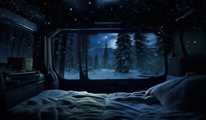 Cozy Van Bed With Snowy Forest View Under Starry Night Sky Perfect Winter Camping Retreat