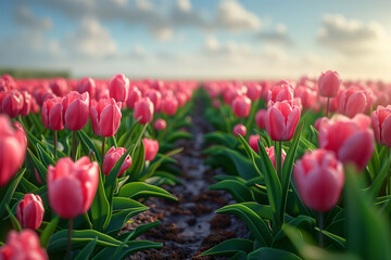 Blooming tulip fields in the Netherlands for Springtime, illustration - obrazy, fototapety, plakaty
