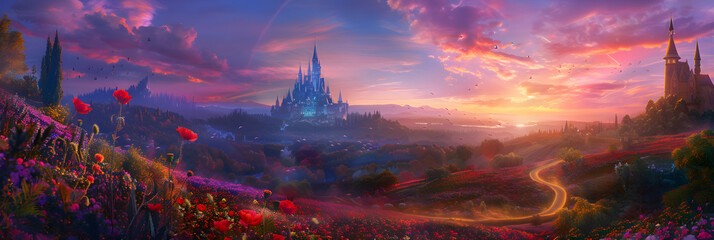 Enchanting Panoramic View of the Vibrant Landscape of Oz with the Emerald City and Yellow Brick Road