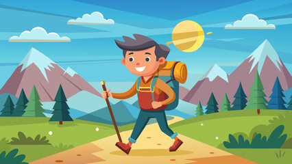 happy-man-cartoon-charcter-with-backpack-and-stick - obrazy, fototapety, plakaty