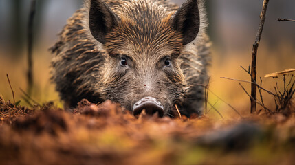 Wild Boar Foraging in Autumn Forest. Generative AI - obrazy, fototapety, plakaty