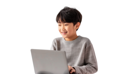 Young Asian Boy Smiling Using Laptop