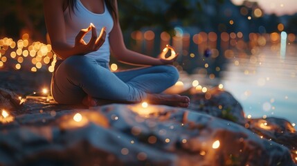 Meditating human blending yoga for spiritual connection with universe in ethereal bokeh lights