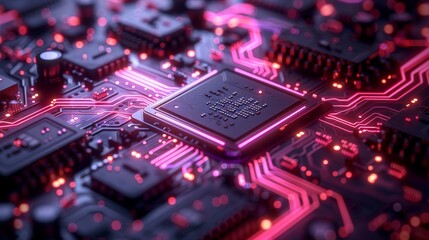Fototapeta na wymiar Futuristic cyberpunk circuit board with glowing orange lights and high-tech chips