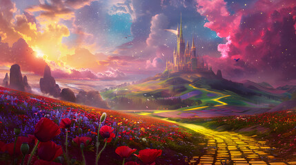 Enchanting Panoramic View of the Vibrant Landscape of Oz with the Emerald City and Yellow Brick Road