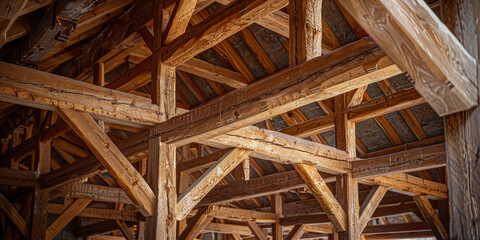A roof truss structure made of light wood,  home structure