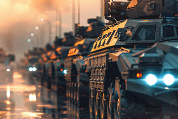 armored vehicles, illustrating the tech technology employed in modern military operations in a high tech style. - obrazy, fototapety, plakaty