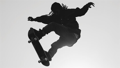 silhouette of skateboarder mid-air executing trick against clear sky. The bold contrast emphasizes dynamic movement, capturing essence of urban sports. capturing essence of urban skateboarding culture