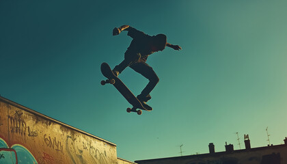 Skateboarding Urban Thrills - silhouette of skateboarder performing mid-air trick against backdrop of graffiti-covered walls and clear blue sky, capturing the essence of urban skateboarding culture