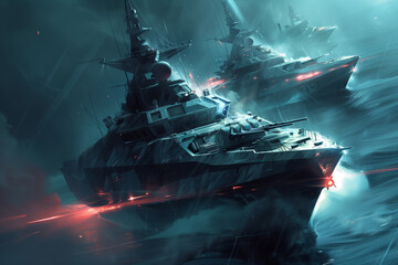 digitally rendered warships, emphasizing the technological prowess of naval forces in high tech style.