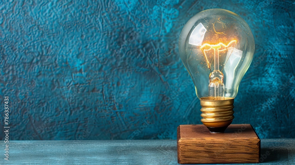 Aufkleber illuminated light bulb on block with copy space, solid background for text placement
