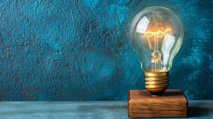 Illuminated light bulb on block with copy space, solid background for text placement