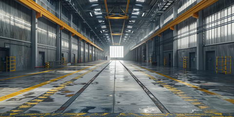 empty warehouse industrial building, storehouse, hangar , Modern interior with metal wall and steel structure, empty room - obrazy, fototapety, plakaty