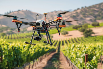 Drone flying over a vineyard for crop monitoring in sunny weather.