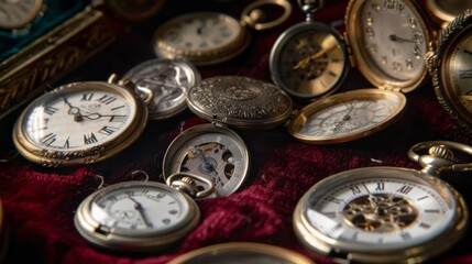 Antique Pocket Watches Assortment Velvet Cushion Close-Up.