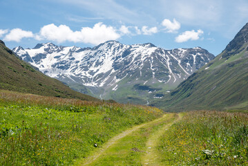 hiking trail Dischma valley, Scaletta glacier mountain. spring landscape switzerland - 786337494