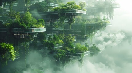 Futuristic cityscape with bioengineered buildings covered in lush greenery amid clouds