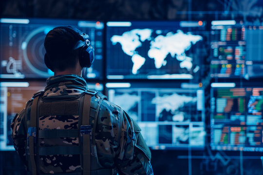 digital simulations of cyber defense mechanisms, highlighting the importance of cybersecurity in modern military operations in high tech style.