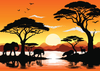 Fototapeta na wymiar A vector artwork showcasing the beauty of African wildlife against a river sunset, meticulously created with Adobe Illustrator. Ideal for digital or T-shirt graphics, bringing nature's charm to life