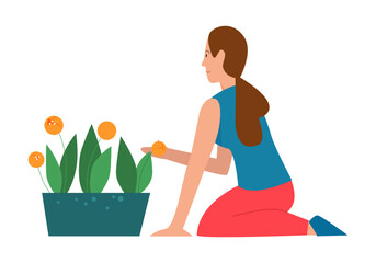 Gardener girl with potted flowers. Planting flowers, farming hobby flat vector illustration