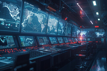 Stylish photo of digitally rendered command and control centers, illustrating the interconnected nature of modern military operations in high tech style.