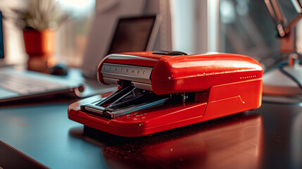 A classic red stapler sitting on a desk, symbolizing efficiency and organization in work. - obrazy, fototapety, plakaty