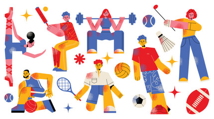 Fototapeta premium Different physical activities, do sports set. People exercising, playing tennis, basketball, football, soccer, golf, gymnastic, powerlifting. Flat graphic vector illustrations isolated on background.