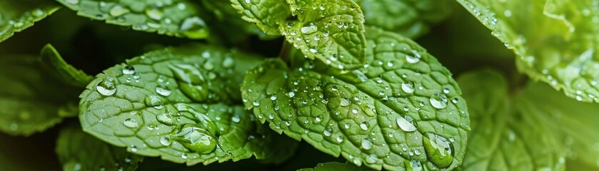 Fresh mint leaves with water drops ultra close-up