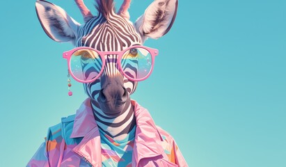 cute zebra wearing colorful glasses on a pastel background