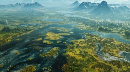 Aerial View of Riano Swamps and Gilbo Mountains in Yordas