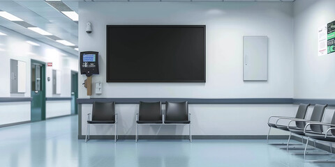 A mockup of an empty black poster on the wall in modern hospital waiting room with comfortable chairs and medical equipment. empty white blank poster on white wall in hospital, black screen  board	
