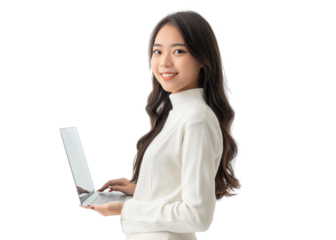Young Asian Woman Using Laptop Smiling
