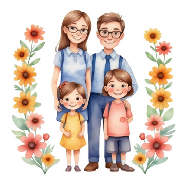 watercolor teacher with full family with flowers on Isolated transparent background png. generated with AI