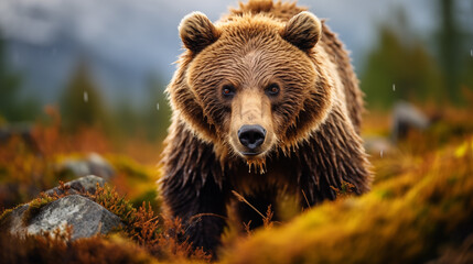 Fototapeta premium Majestic Brown Bear in Autumn Forest. Generative AI