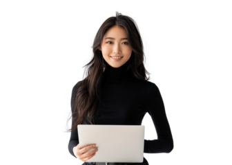 East Asian Woman with Laptop Smiling
