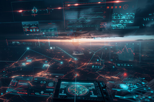 digitally simulated electronic warfare tactics, highlighting the sophistication of modern military strategies in high tech style.