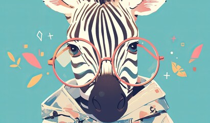 photo of cute zebra with colorful glasses on pastel background